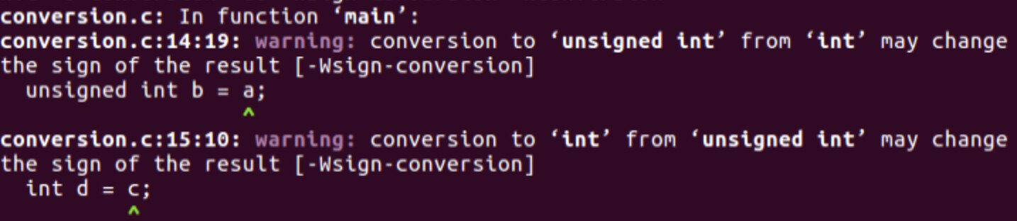 Signedness conversion warning message