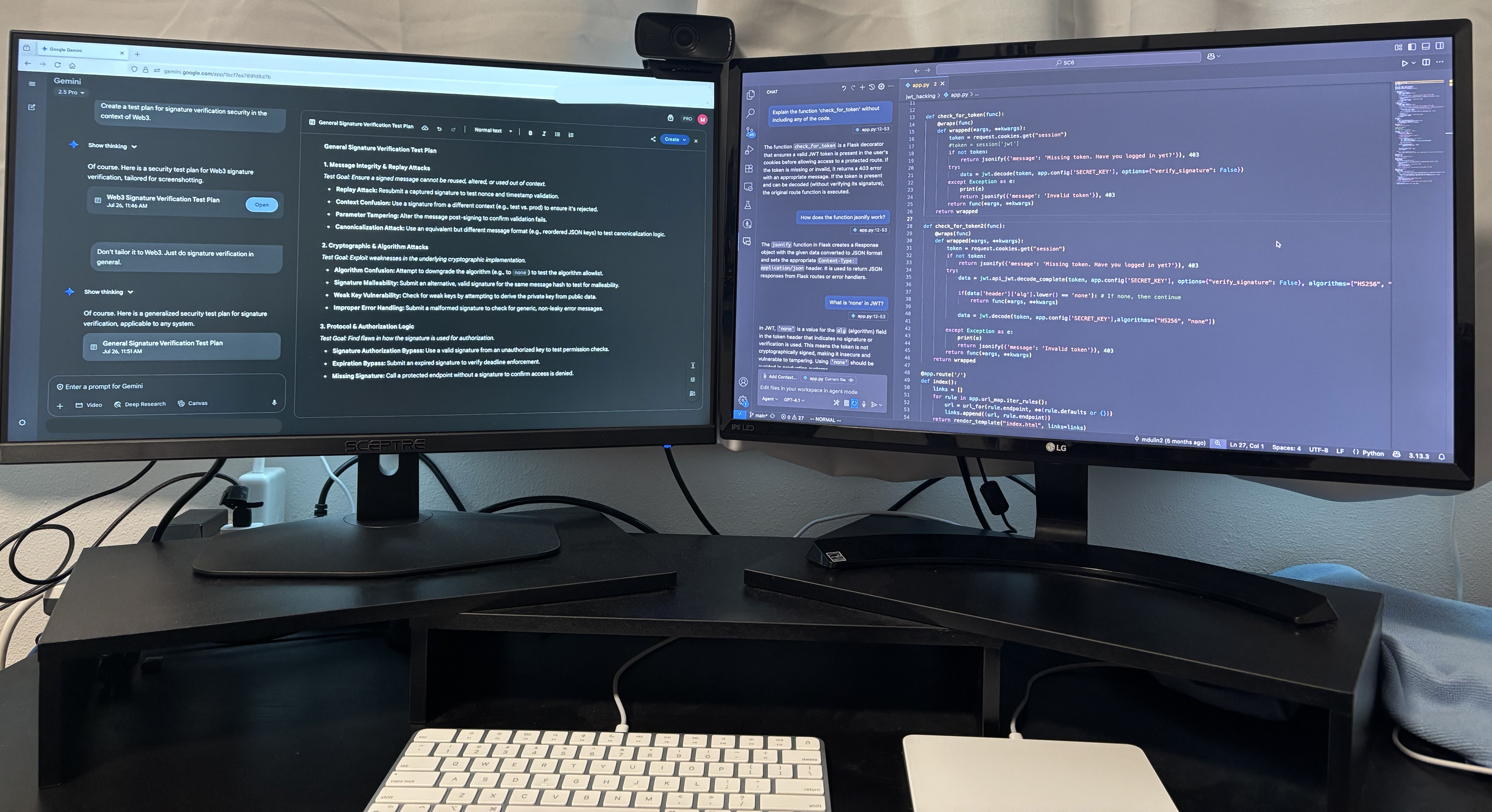 Dual Screen with Gemini on Left and VSCode with CoPilot on the Right